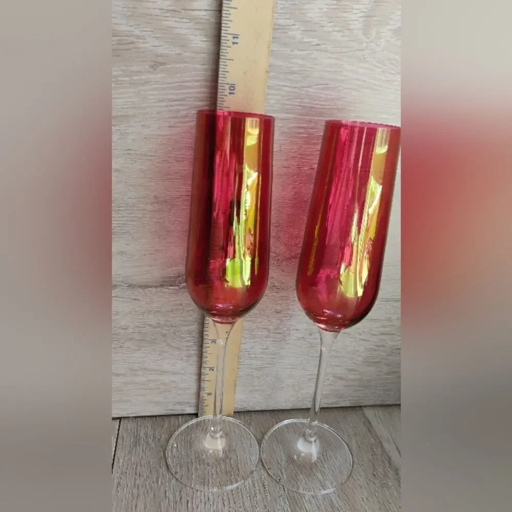 Vintage Red Cranberry Fluted Wine Glasses Set Of 2 Champagne Clear Stem